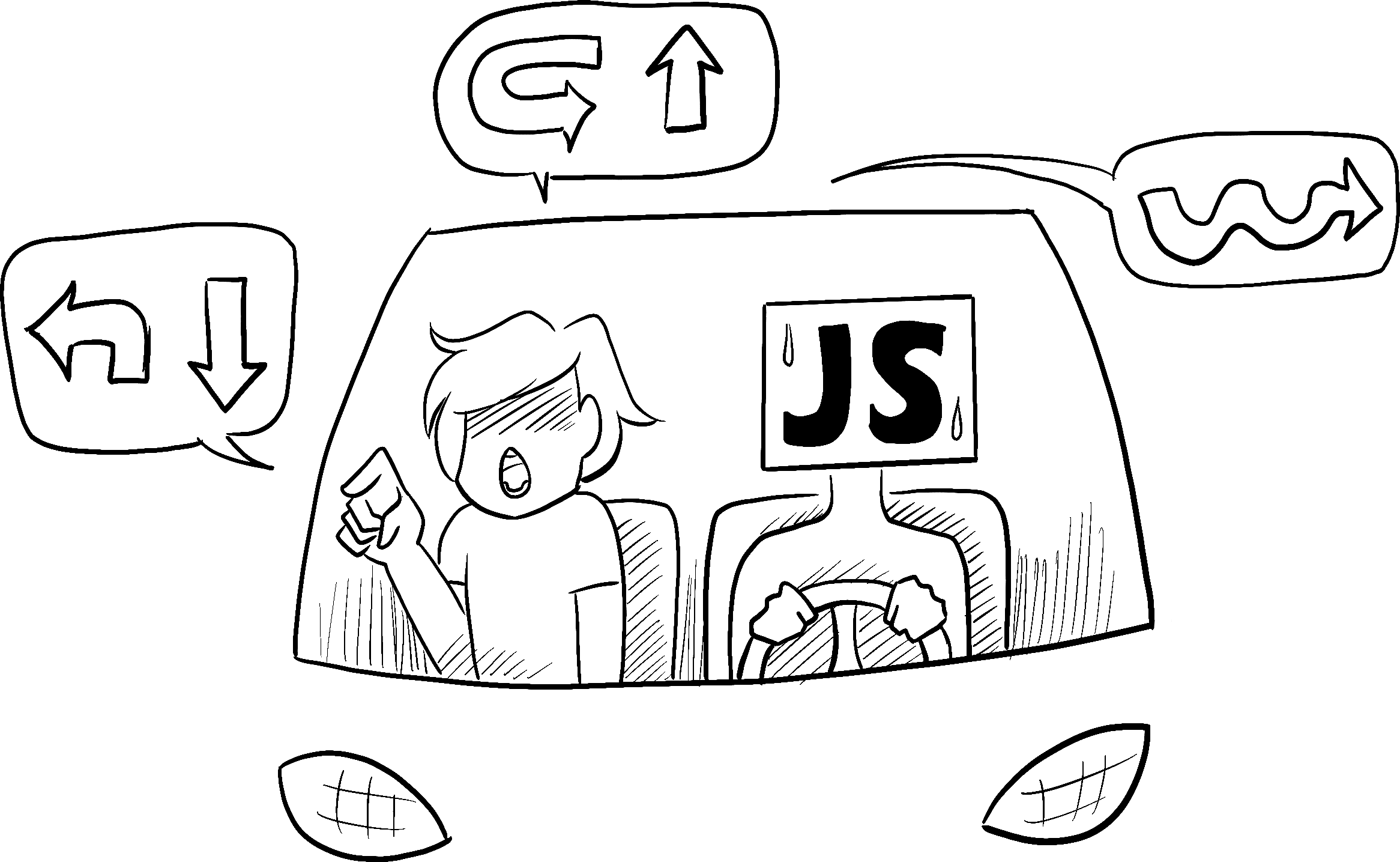 Машину ведёт неуверенный человек, который играет роль JavaScript, а водитель даёт указания как проехать по маршруту.